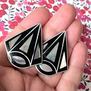 Vintage silver metal & inlay Disco Deco clip earrings